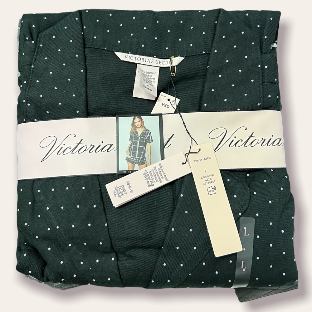 Cotton Printed Flannel Short PJ Set Black w Pink Dots Large NEW
